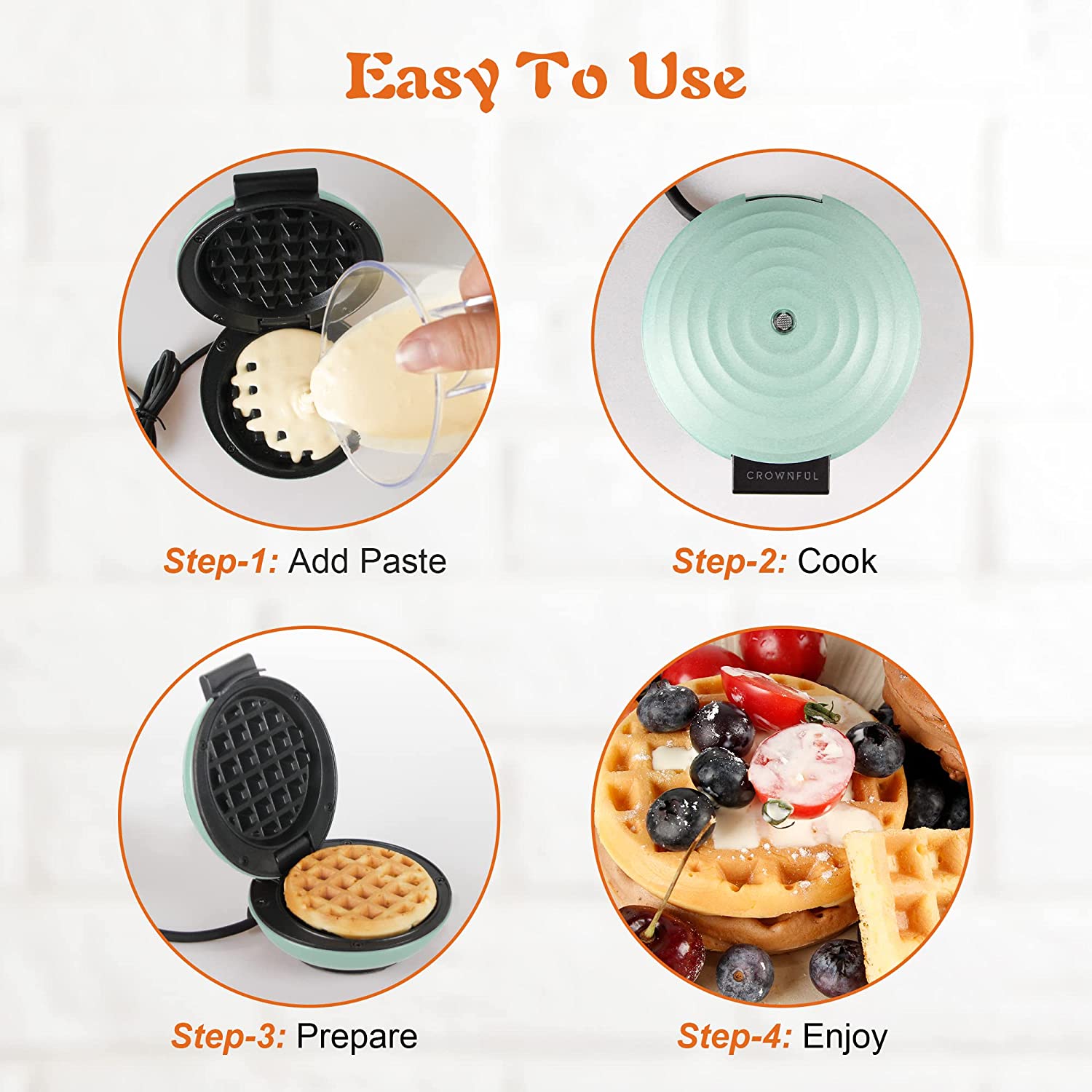 Crownful Mini Waffle Maker Machine, 4 Inches Portable Small Compact Design, Easy to Clean, Non-Stick Surface, Recipe Guide Included, Perfect for