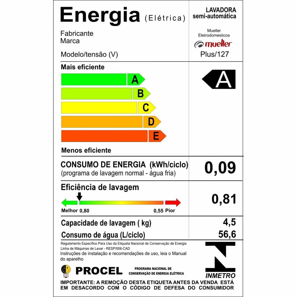 Lavadora De Roupas Mueller 4,5kg Plus Preto – 127 Volts