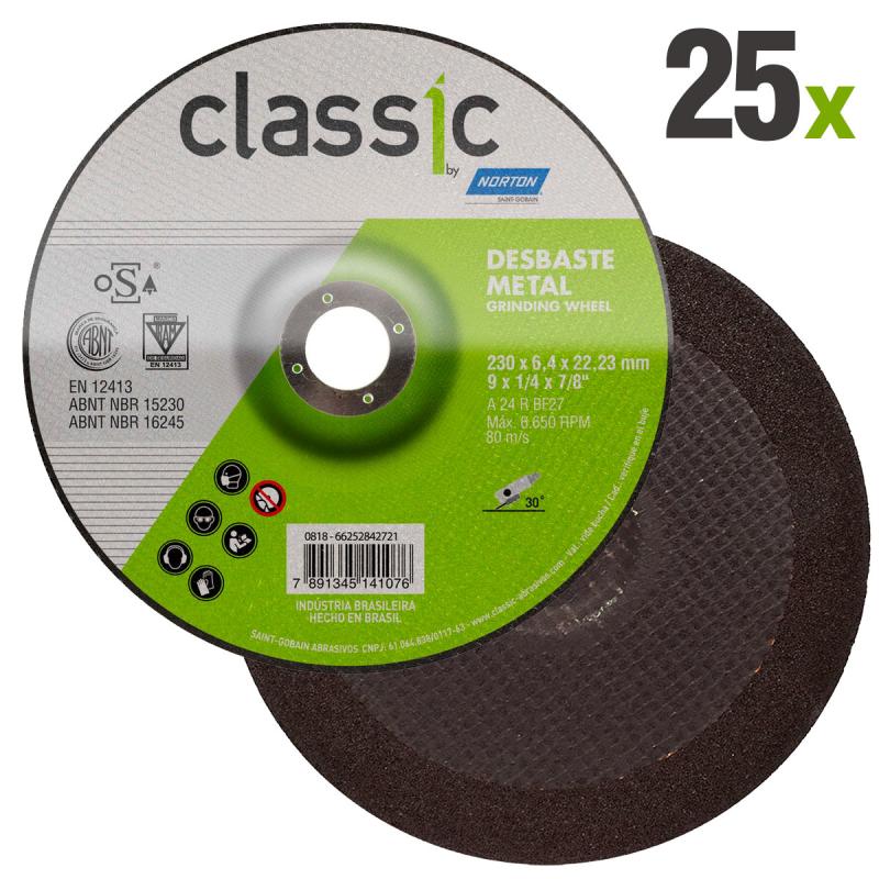 Disco de Desbaste Metal 9 POL x 6,4 MM Furo 7/8 POL Classic Kit 25 Peças NORTON