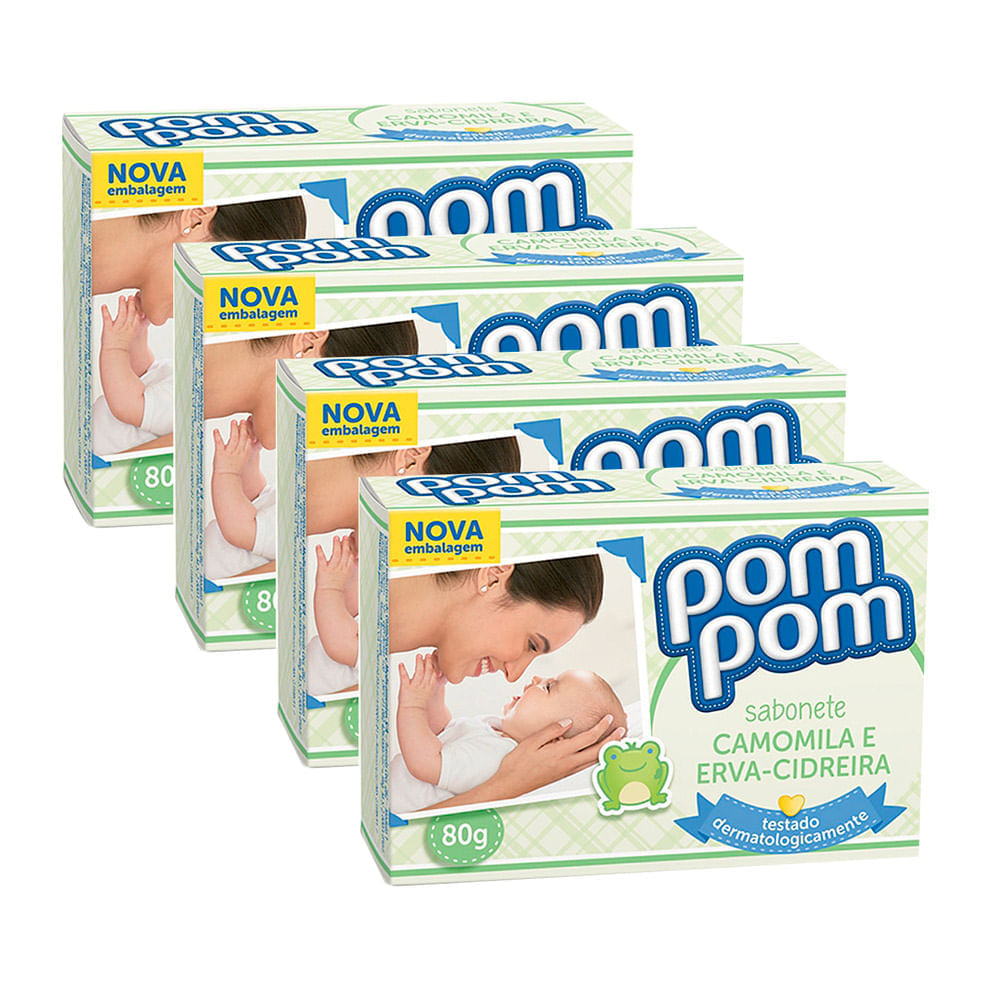 Sabonete Infantil Pom Pom Camomila e Erva Cidreira 80g | Kit com quatro unidades