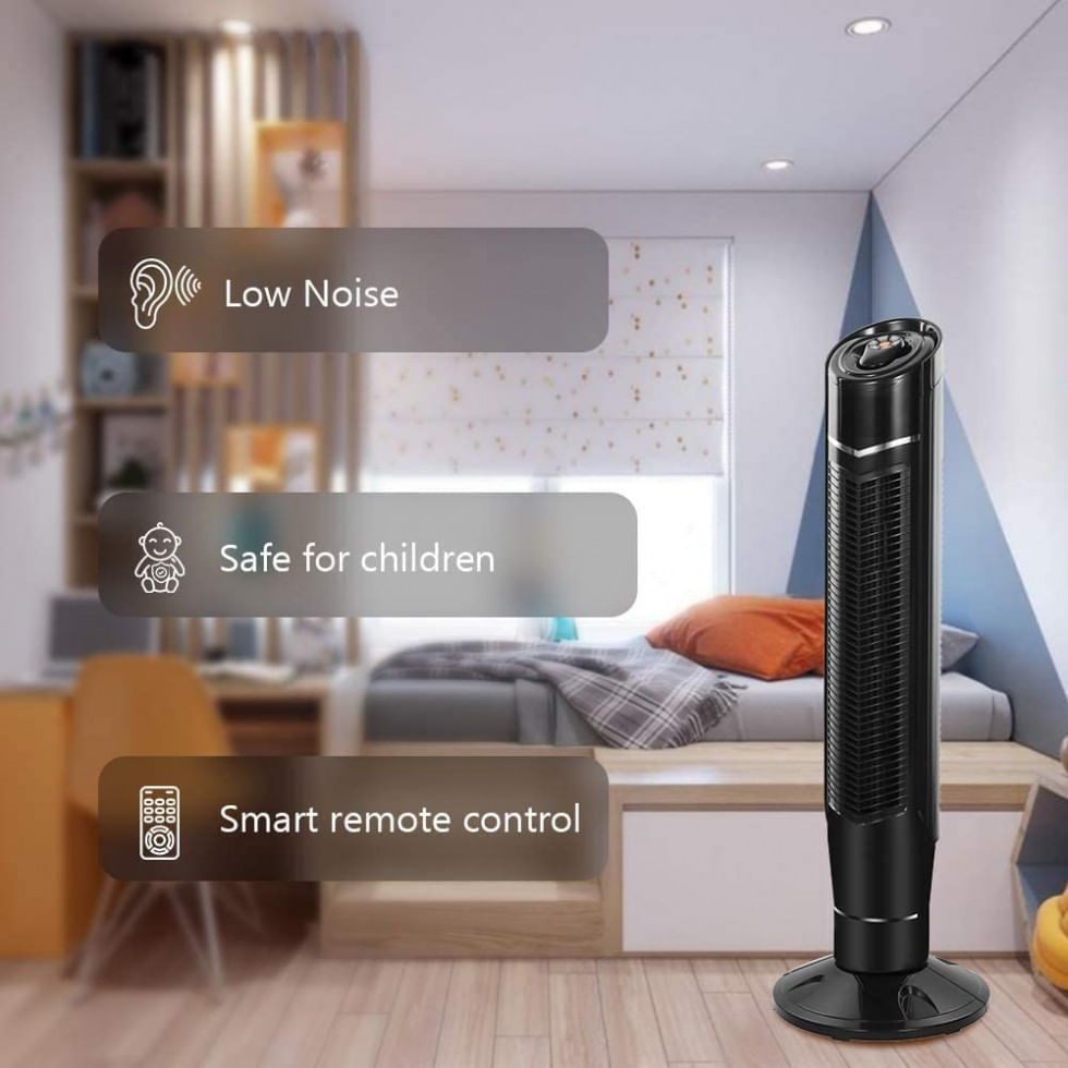 Ventilador de Torre Kismile com 8 Velocidades, Controle Remoto e Tela LED, Preto