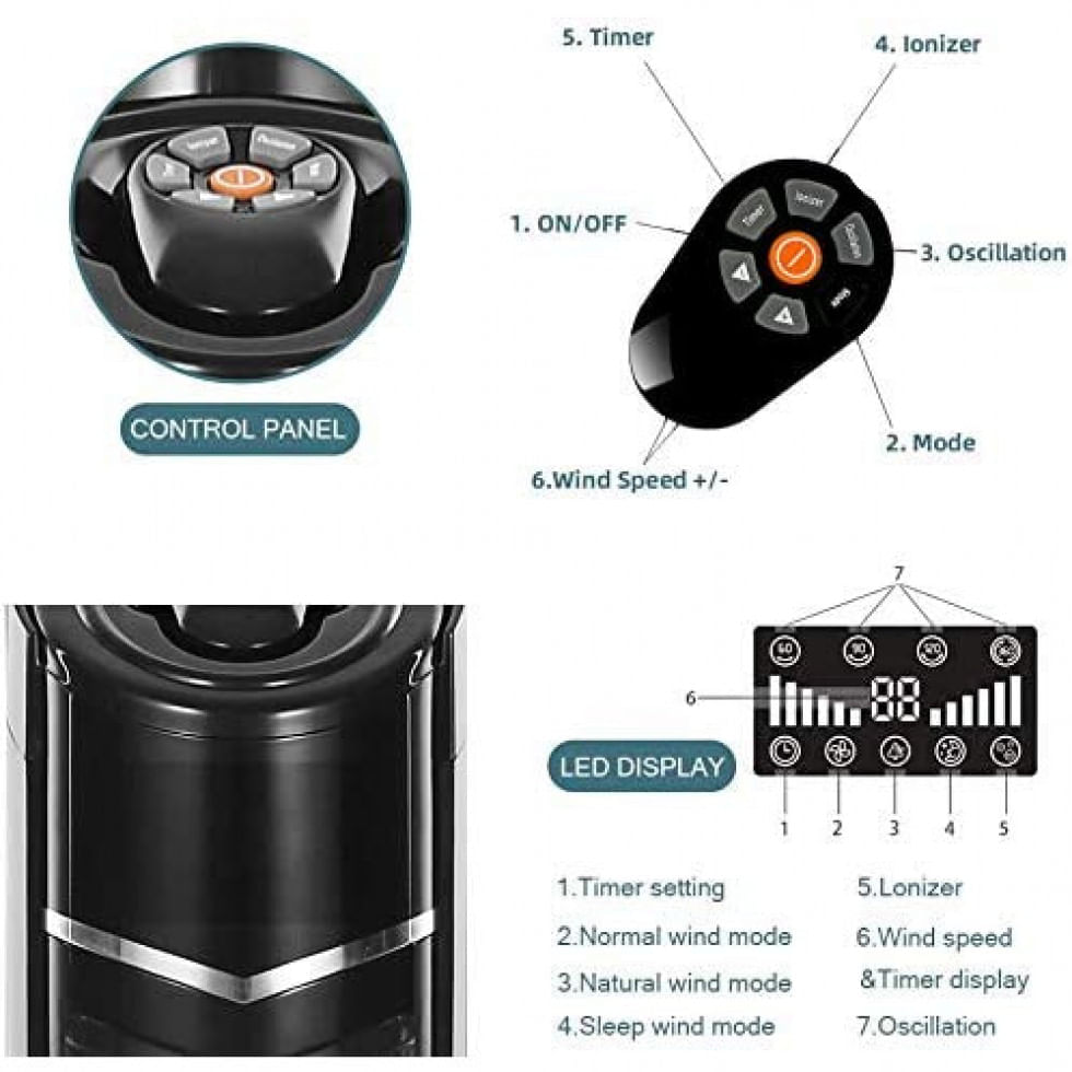 Ventilador de Torre Kismile com 8 Velocidades, Controle Remoto e Tela LED, Preto