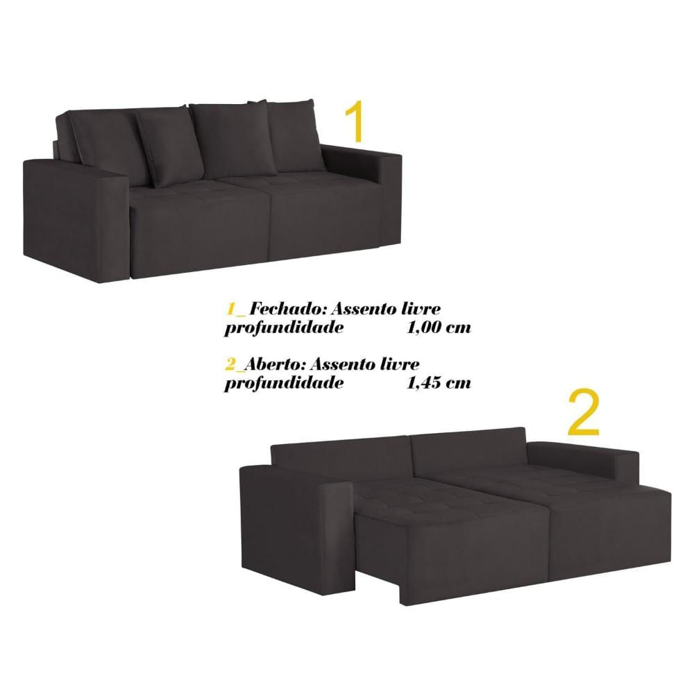Sofá Retrátil 3 Lugares 200cm Nyc Tessuti Estofados Preto