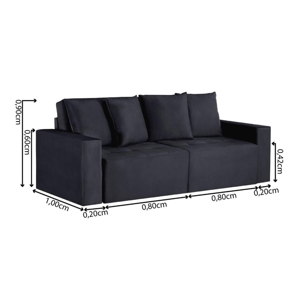 Sofá Retrátil 3 Lugares 200cm Nyc Tessuti Estofados Preto