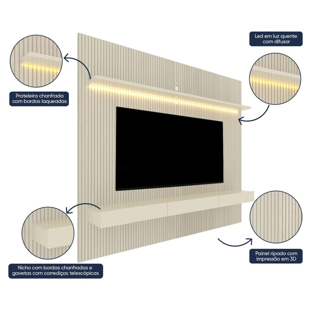 Estante Home para TV até 85 Polegadas com LED Requinte 220cm Gelius Móveis Off White