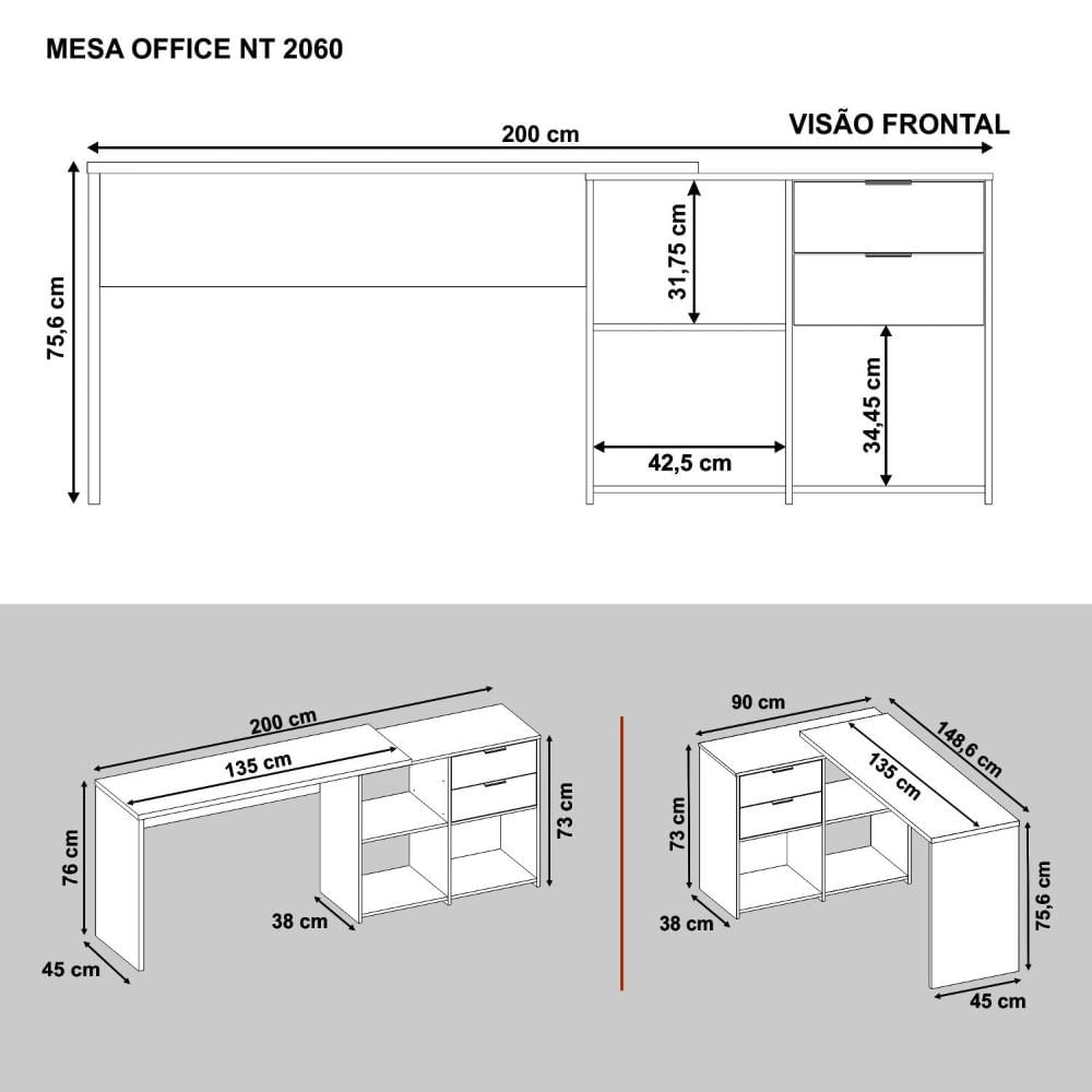 Mesa de Escritório em L 2 Gavetas 3 Nichos Office NT 2060 Notável Móveis Preto TX
