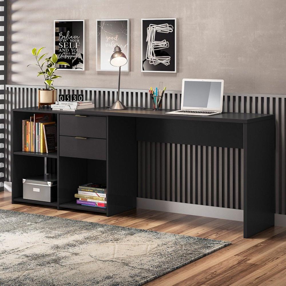 Mesa de Escritório em L 2 Gavetas 3 Nichos Office NT 2060 Notável Móveis Preto TX