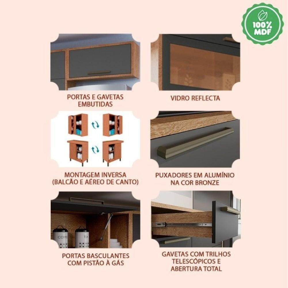 Armário de Cozinha Compacta 4 Peças 2 Armários Aéreos e 2 Balções Reflecta Helena Espresso Móveis Castanho/Chumbo