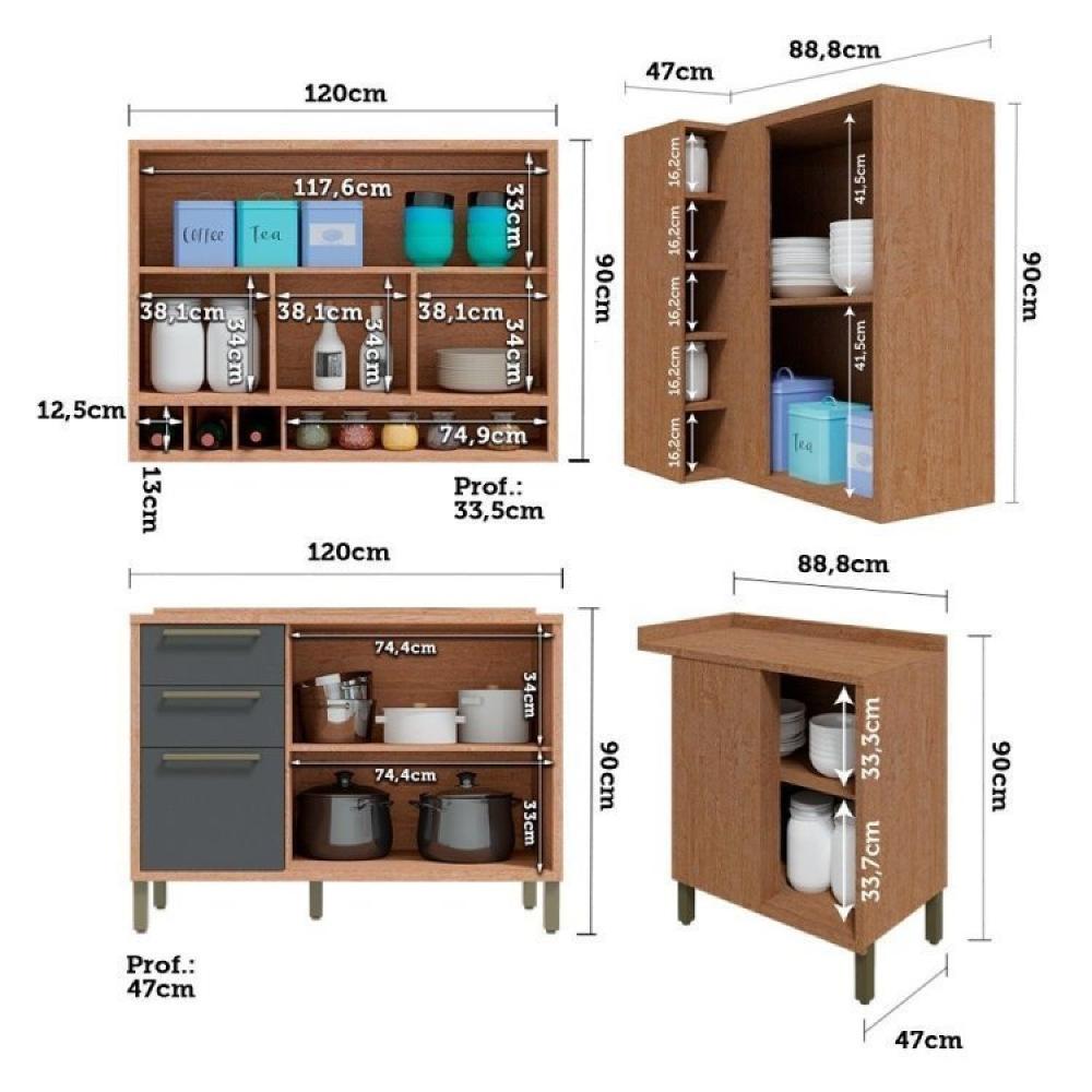 Armário de Cozinha Compacta 4 Peças 2 Armários Aéreos e 2 Balções Reflecta Helena Espresso Móveis Castanho/Chumbo