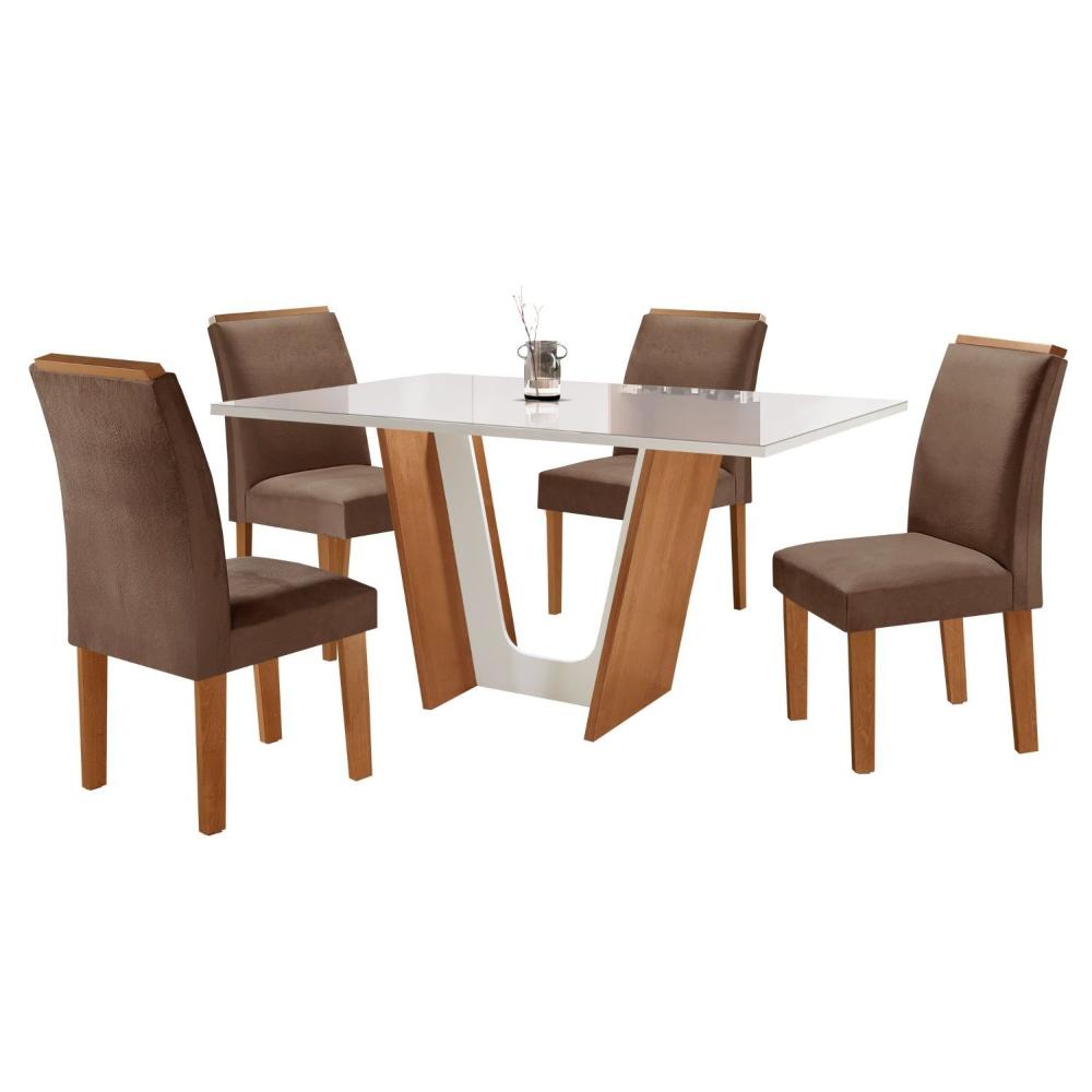 Conjunto Sala de Jantar Mesa Tampo Dakota Plus Vidro 120x80cm com 4 Cadeiras Luisa Cel Móveis Cinamomo/Off White/Suede Animale