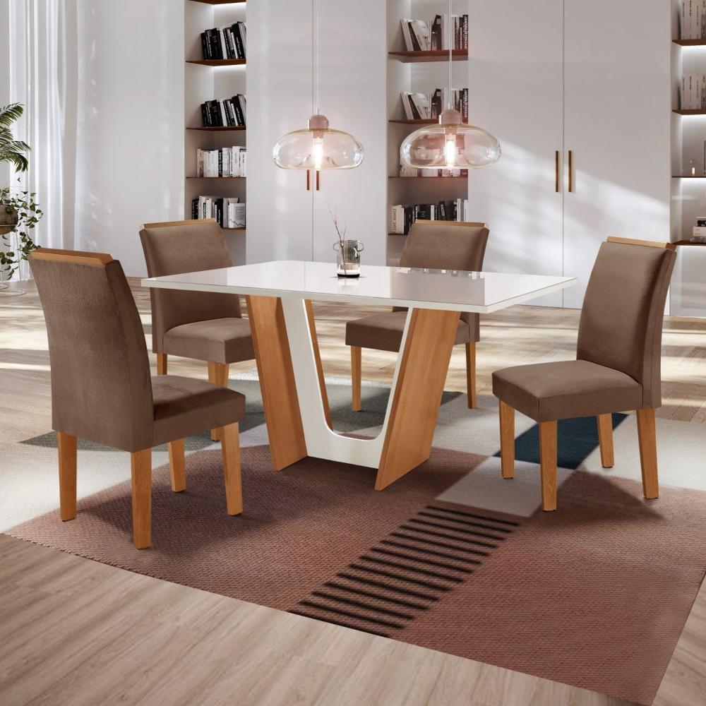Conjunto Sala de Jantar Mesa Tampo Dakota Plus Vidro 120x80cm com 4 Cadeiras Luisa Cel Móveis Cinamomo/Off White/Suede Animale
