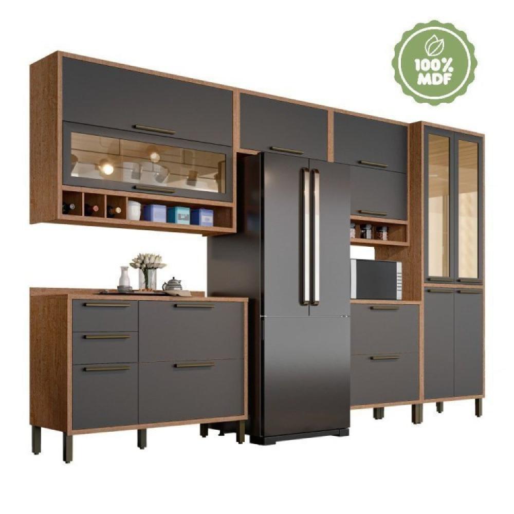 Armário de Cozinha Completo 6 Peças 100% MDF 12 Portas com Vidros Reflecta Helena Espresso Móveis Castanho/Chumbo