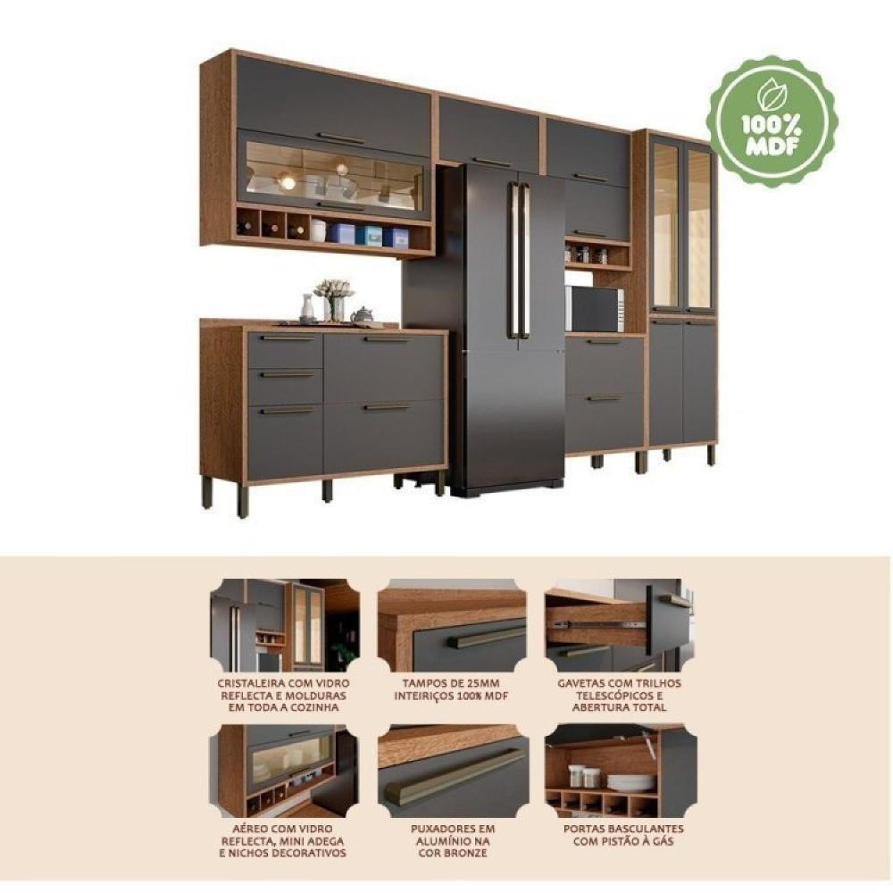 Armário de Cozinha Completo 6 Peças 100% MDF 12 Portas com Vidros Reflecta Helena Espresso Móveis Castanho/Chumbo