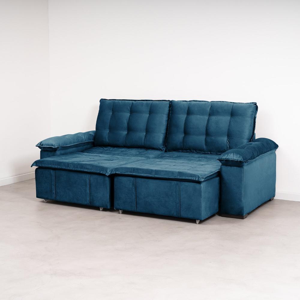 Sofá Cama Palmeira 3 Lugares Retrátil Reclinável 2,20m Veludo com Molas CabeCasa MadeiraMadeira Azul