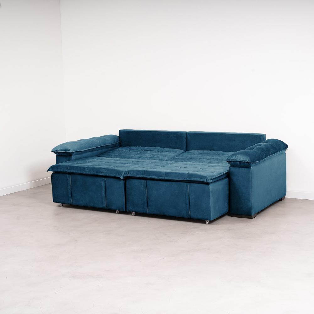 Sofá Cama Palmeira 3 Lugares Retrátil Reclinável 2,20m Veludo com Molas CabeCasa MadeiraMadeira Azul