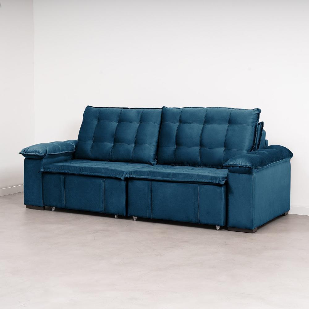 Sofá Cama Palmeira 3 Lugares Retrátil Reclinável 2,20m Veludo com Molas CabeCasa MadeiraMadeira Azul