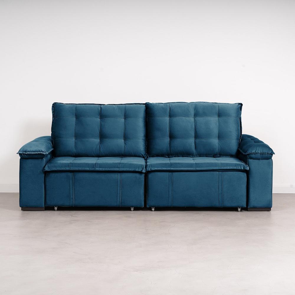 Sofá Cama Palmeira 3 Lugares Retrátil Reclinável 2,20m Veludo com Molas CabeCasa MadeiraMadeira Azul