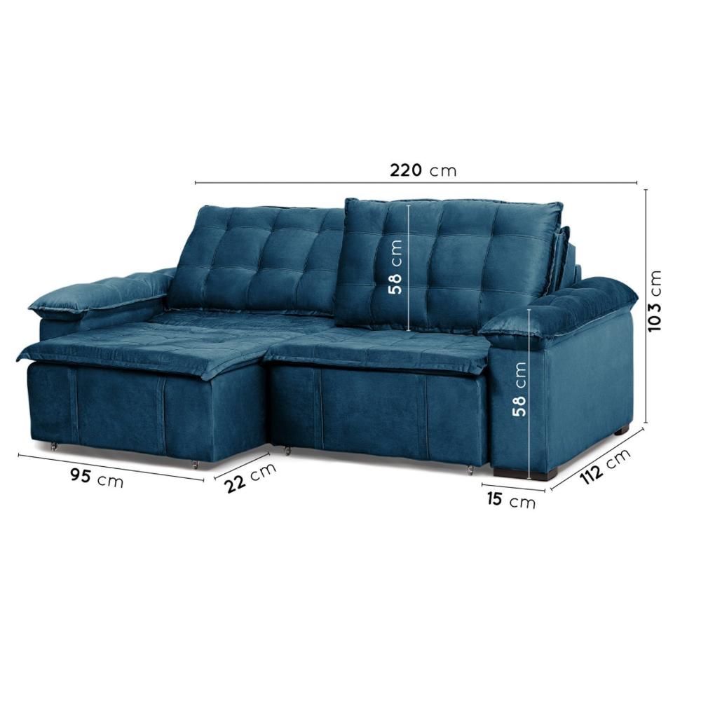 Sofá Cama Palmeira 3 Lugares Retrátil Reclinável 2,20m Veludo com Molas CabeCasa MadeiraMadeira Azul