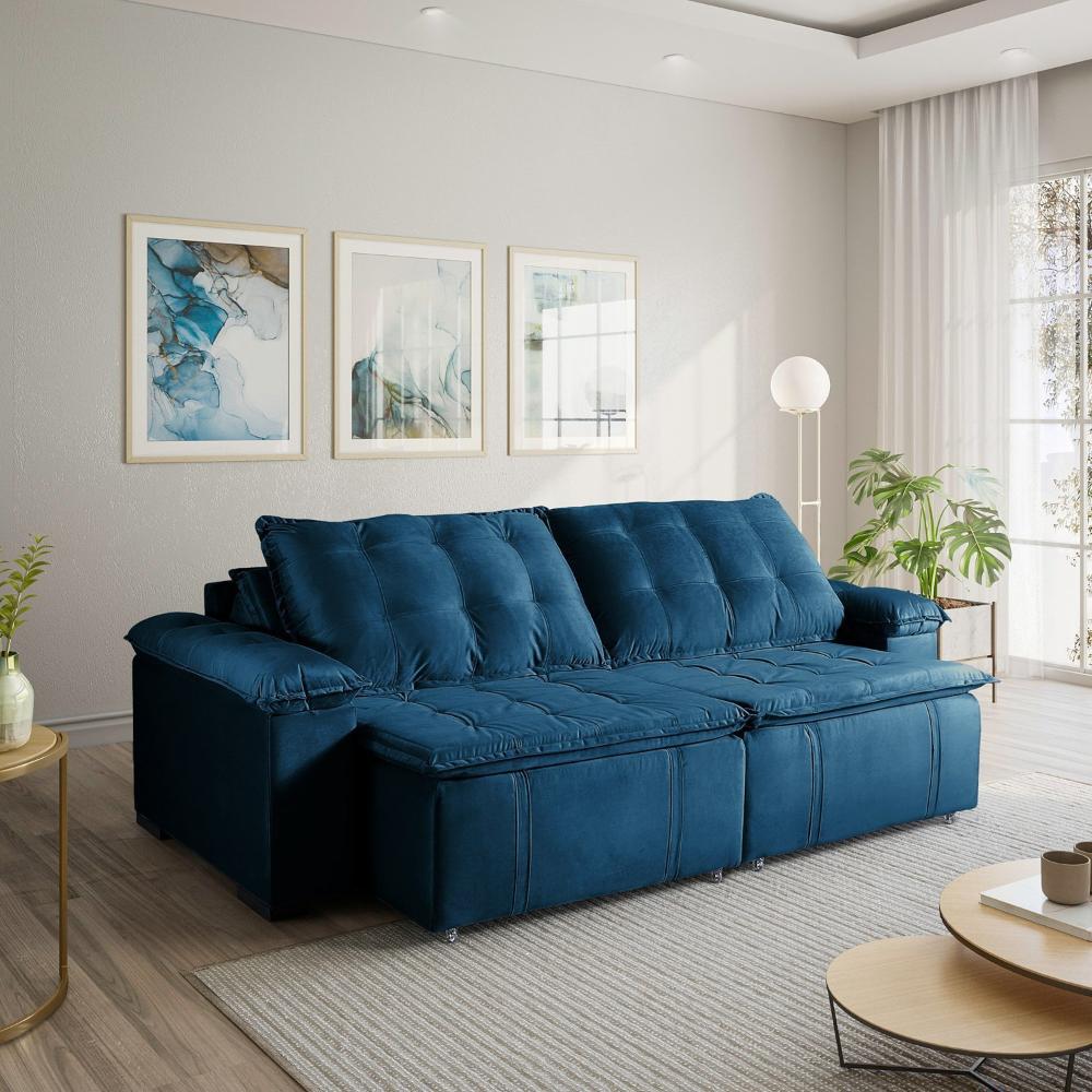 Sofá Cama Palmeira 3 Lugares Retrátil Reclinável 2,20m Veludo com Molas CabeCasa MadeiraMadeira Azul