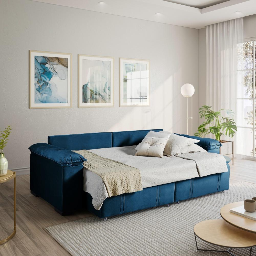 Sofá Cama Palmeira 3 Lugares Retrátil Reclinável 2,20m Veludo com Molas CabeCasa MadeiraMadeira Azul