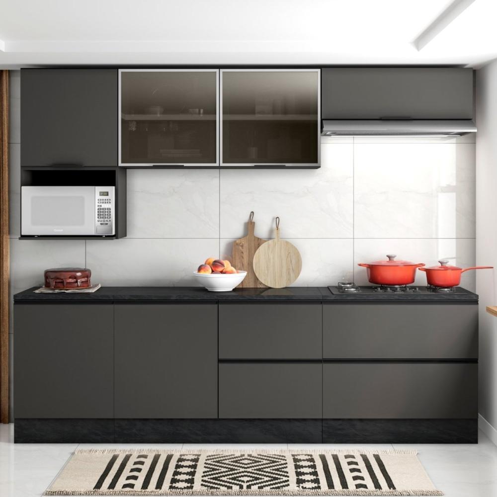 Cozinha Modulada Completa 7 Peças 7 Portas 4 Gavetas com Balcão para Cooktop Etna Poliman Móveis Grafite