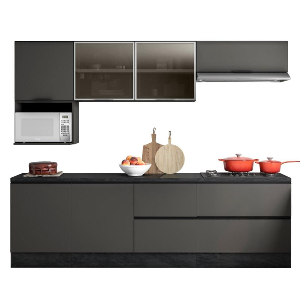 Cozinha Modulada Completa 7 Peças 7 Portas 4 Gavetas com Balcão para Cooktop Etna Poliman Móveis Grafite