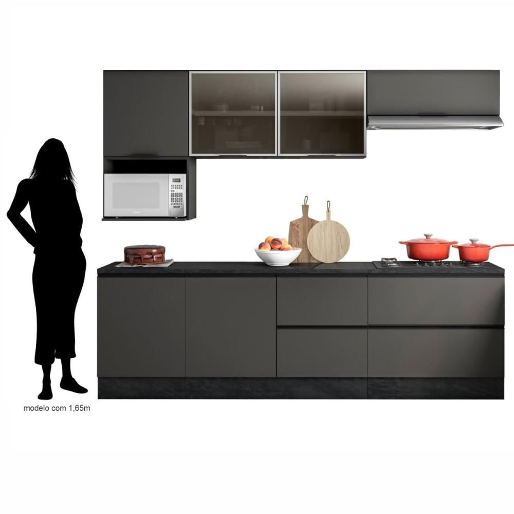 Cozinha Modulada Completa 7 Peças 7 Portas 4 Gavetas com Balcão para Cooktop Etna Poliman Móveis Grafite