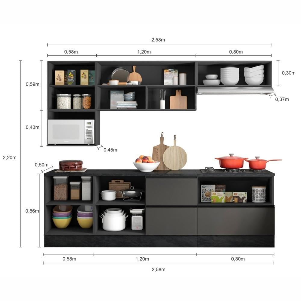 Cozinha Modulada Completa 7 Peças 7 Portas 4 Gavetas com Balcão para Cooktop Etna Poliman Móveis Grafite