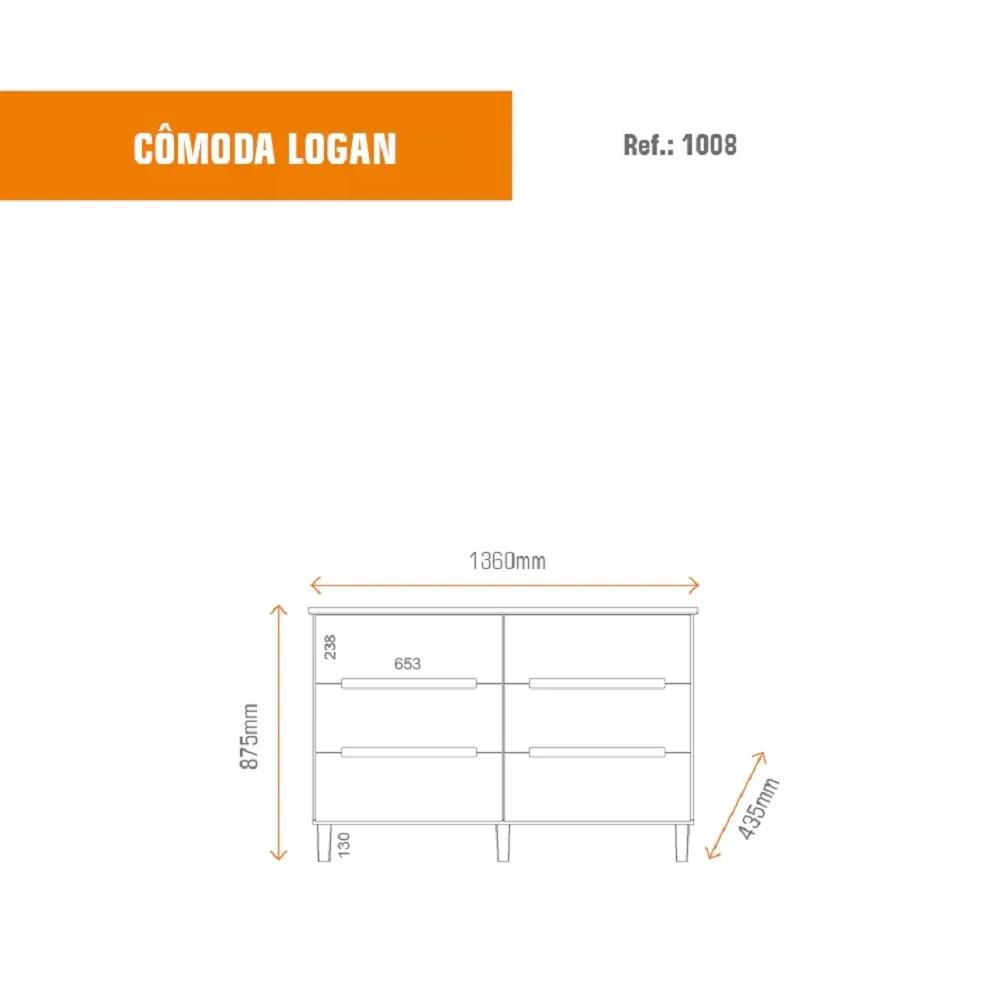 Cômoda 6 Gavetas 100% MDF Logan Mambel Branco/Olmo