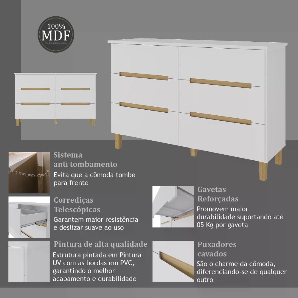 Cômoda 6 Gavetas 100% MDF Logan Mambel Branco/Olmo