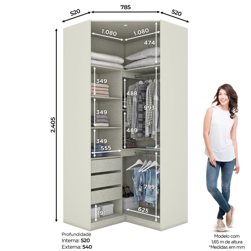 Guarda Roupa Canto Closet Modulado 2 Portas e 3 Gavetas com Espelho e Led Seletto Henn Areia HP