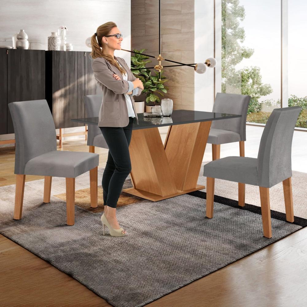 Conjunto Sala de Jantar Mesa Tampo MDF/Vidro com 4 Cadeiras