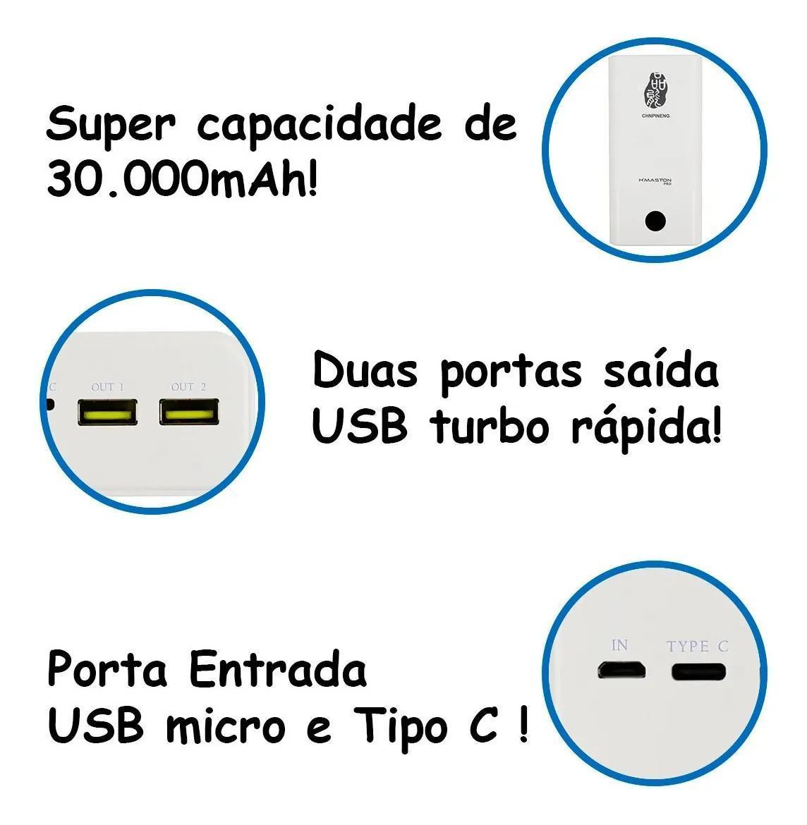 Bateria Portátil Externa Carga Rápida 30000Mah Visor Led