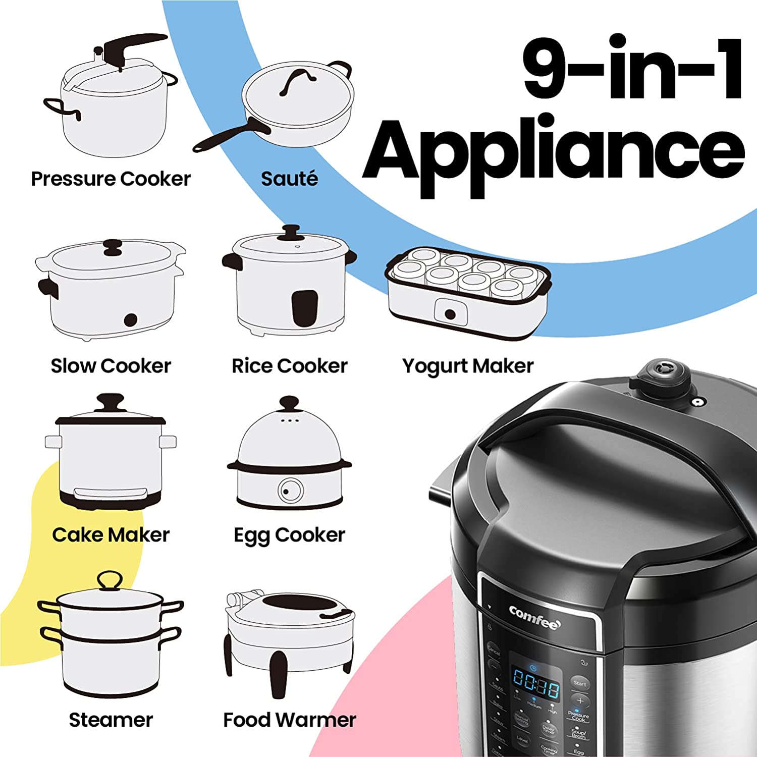  COMFEE' 6 Quart Pressure Cooker 12-in-1, One Touch